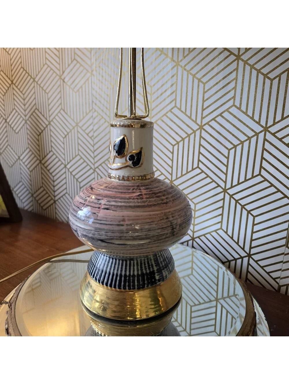 Vintage 1950s Mid Century Ceramic Lamp Pink Black Gold Atomic Wire Cage & Shade